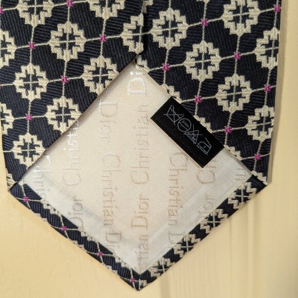 VTG Christian Dior Monsieur Classic Patterned Black Silver Purple 100% Silk Tie - Picture 3 of 8
